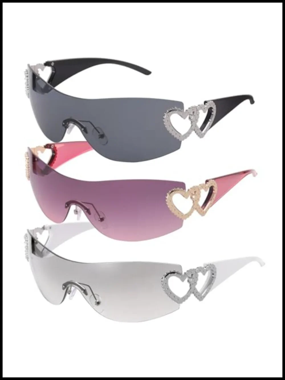 Y2K Wrap Around Rimless Sunglasses UV400 Protection 3 Pcs